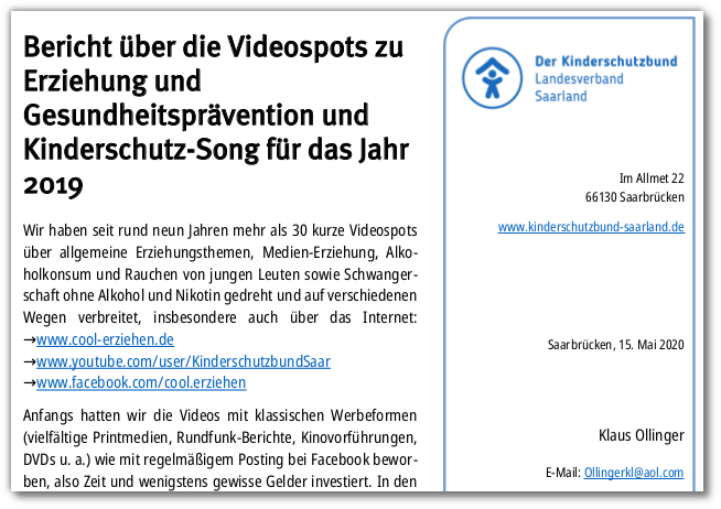 Bericht 2019 über die Videospots und den Kinderschutz-Song (PDF)